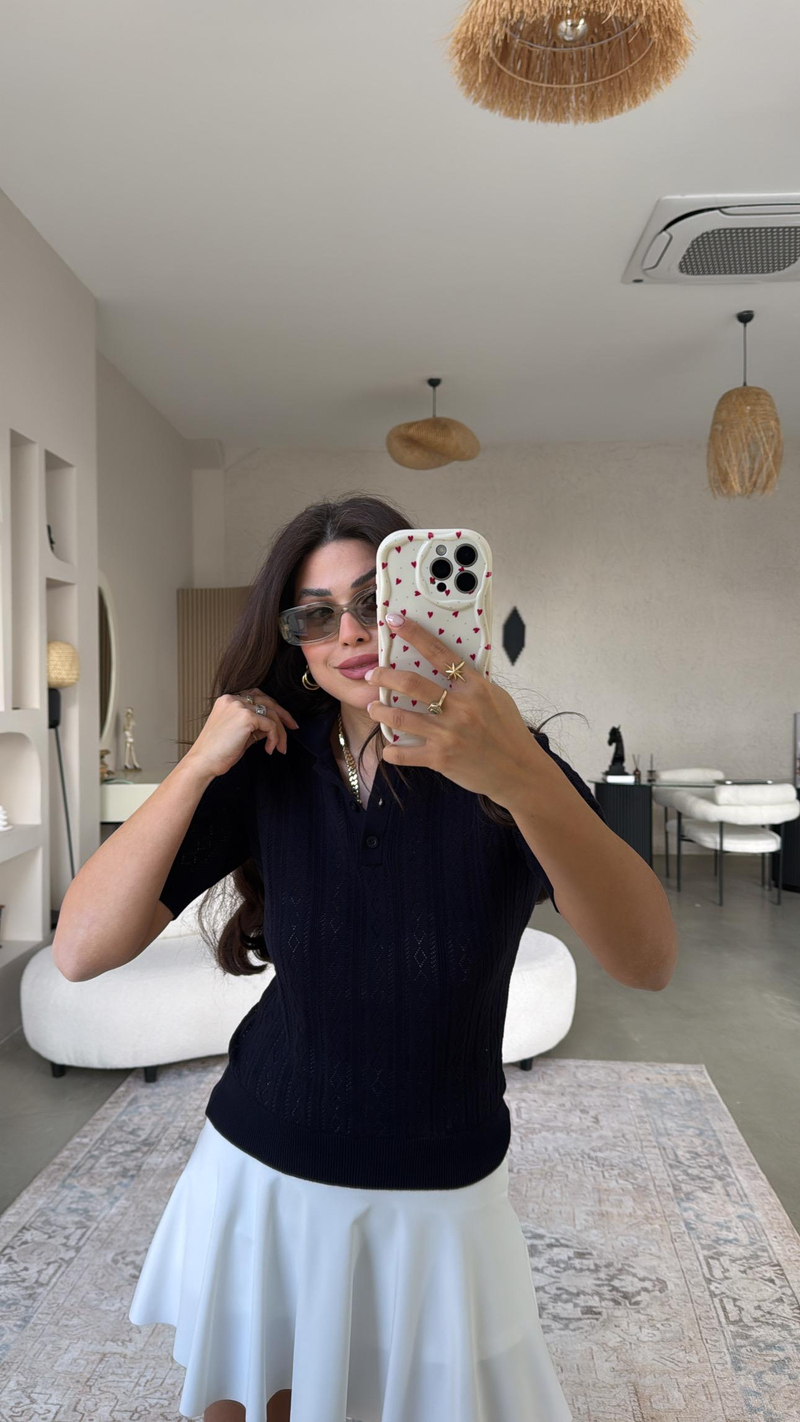 Lacivert Delikli Polo Yaka Baharlık Triko Bluz