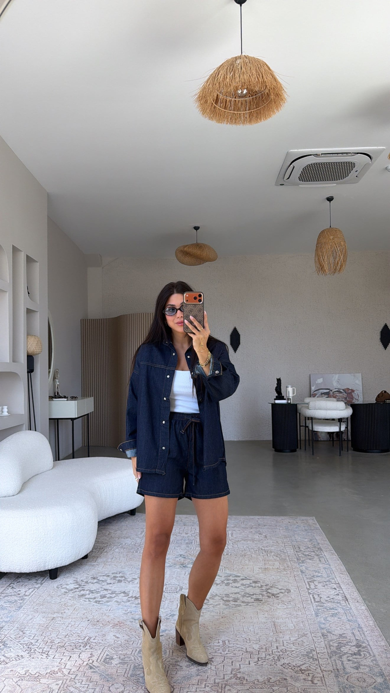 Lacivert Denim Şort Gömlek Takım