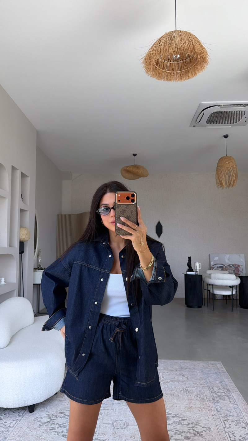 Lacivert Denim Şort Gömlek Takım