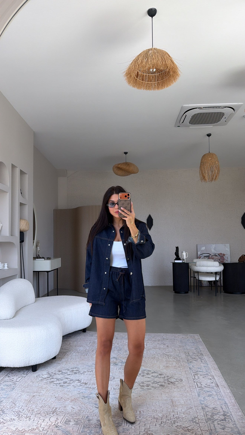 Lacivert Denim Şort Gömlek Takım