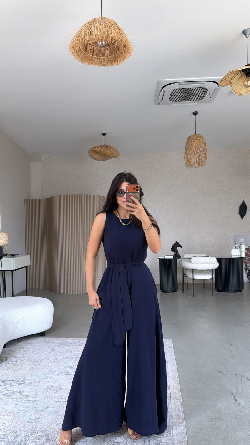 Lacivert Dökümlü Salaş Bol Paça Kuşaklı Tulum