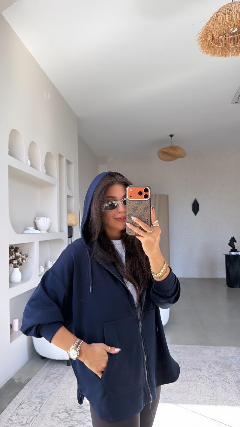 Lacivert Fermuarlı Cepli Modal Hoodie