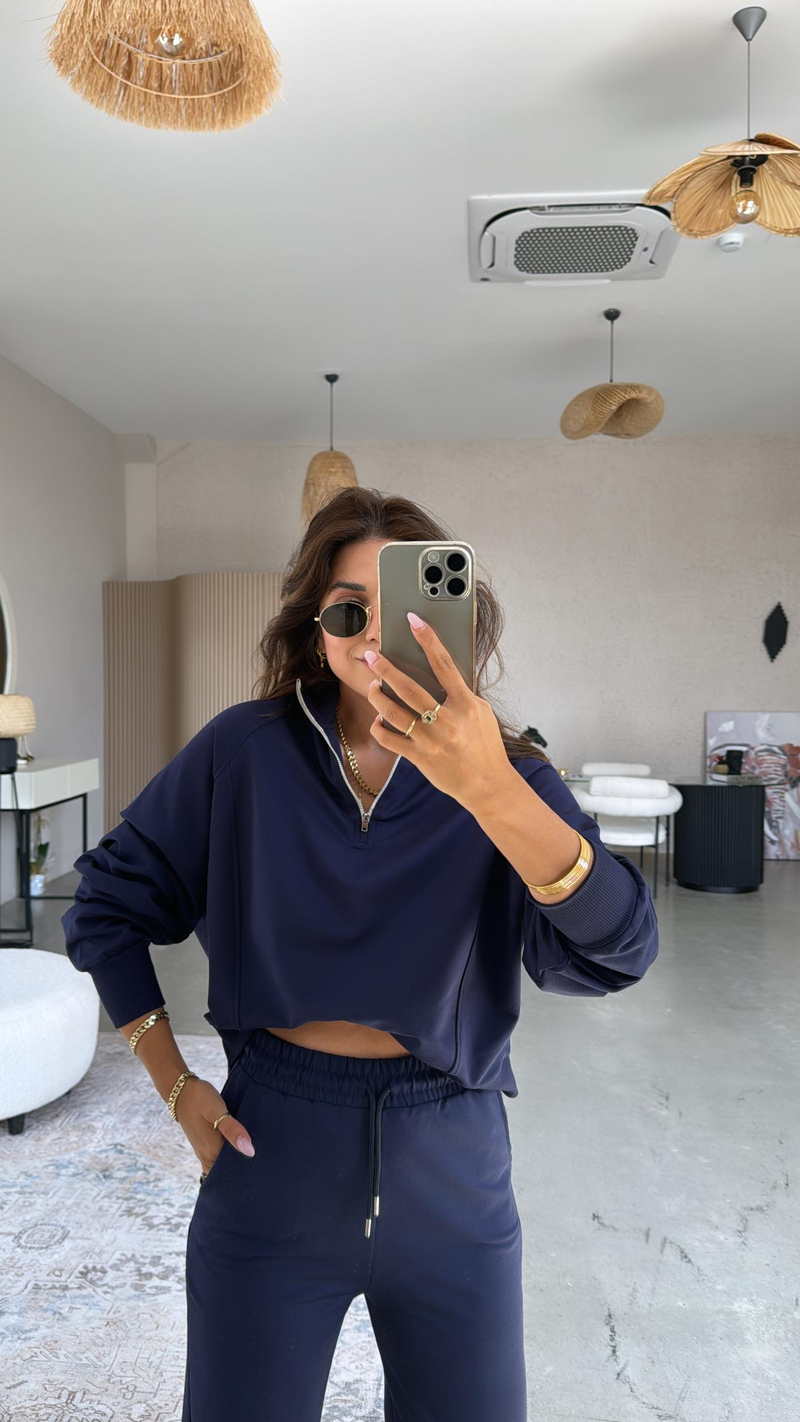 Lacivert Fermuarlı İki İplik Sweatshirt