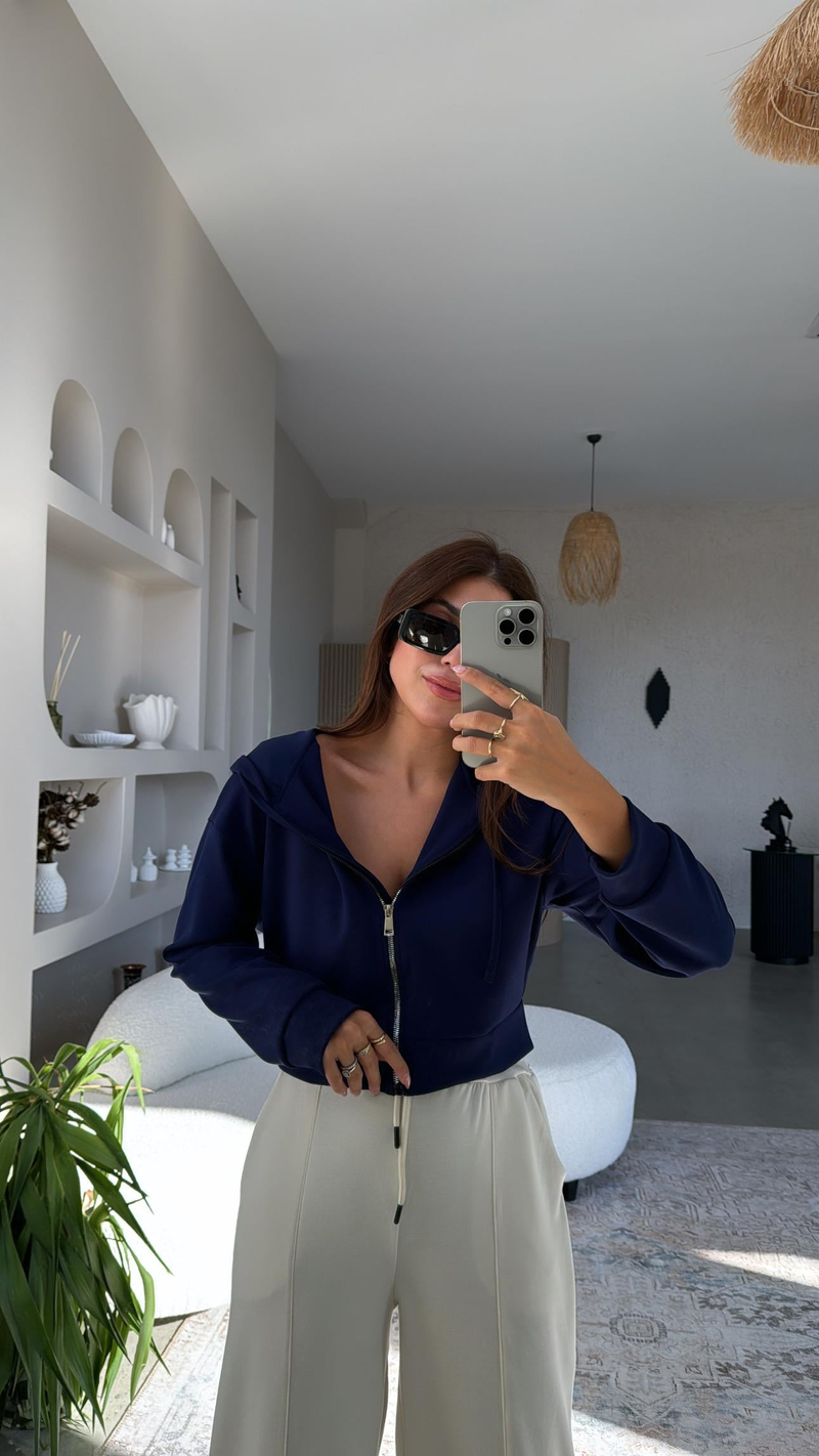 Lacivert Fermuarlı Modal Kısa Ceket