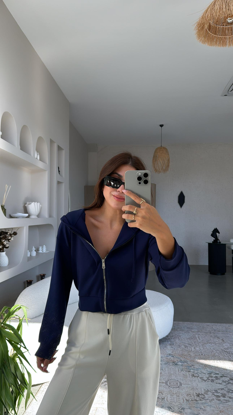 Lacivert Fermuarlı Modal Kısa Ceket