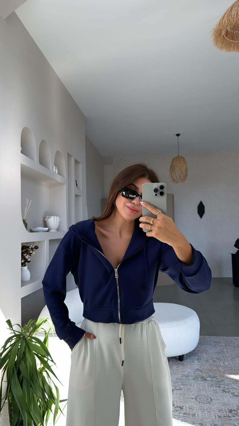 Lacivert Fermuarlı Modal Kısa Ceket