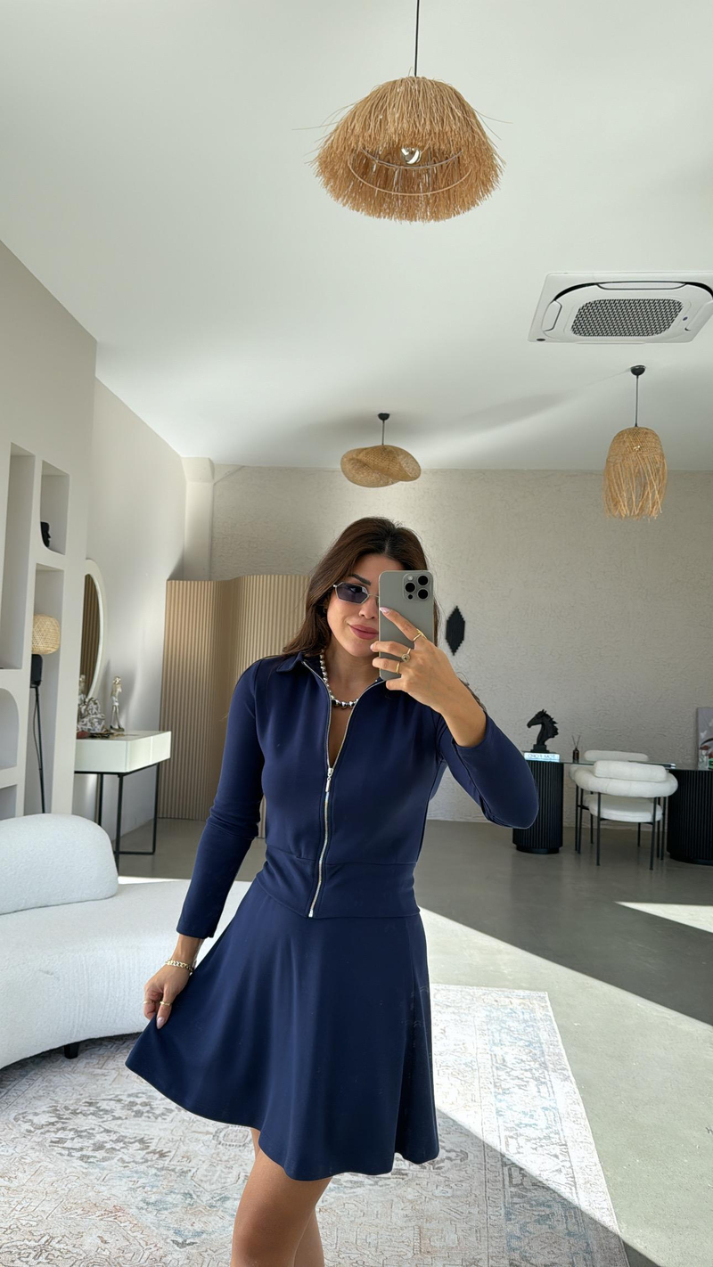 Lacivert Fermuarlı Modal Mini Etekli Takım