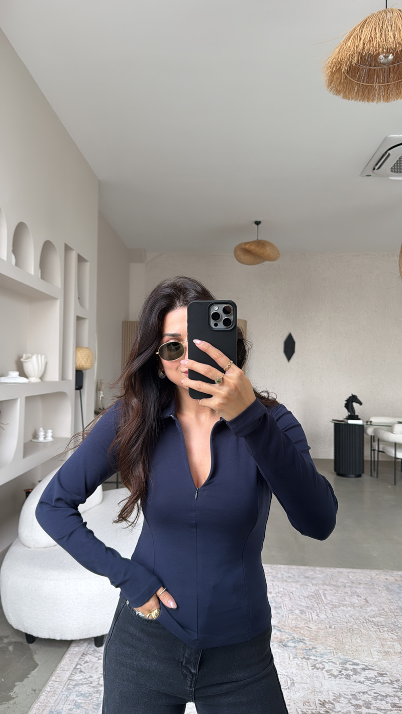 Lacivert Fermuarlı Yakalı Modal Bluz