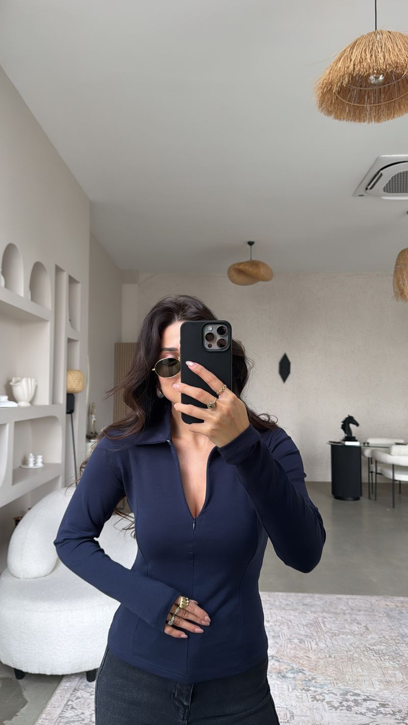 Lacivert Fermuarlı Yakalı Modal Bluz