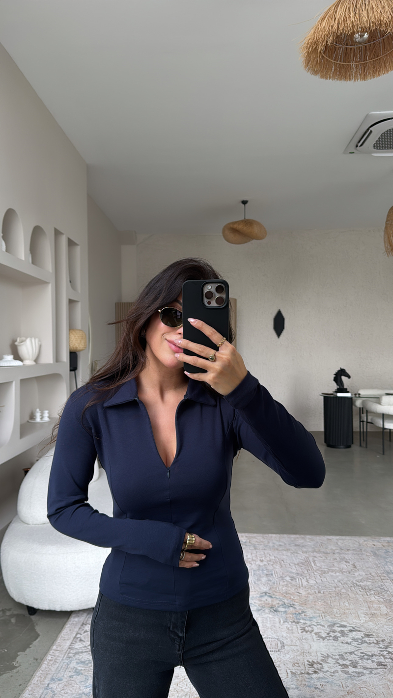 Lacivert Fermuarlı Yakalı Modal Bluz