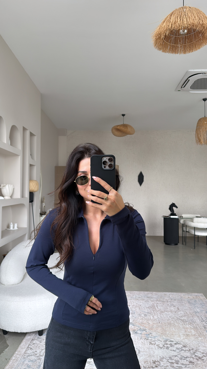 Lacivert Fermuarlı Yakalı Modal Bluz