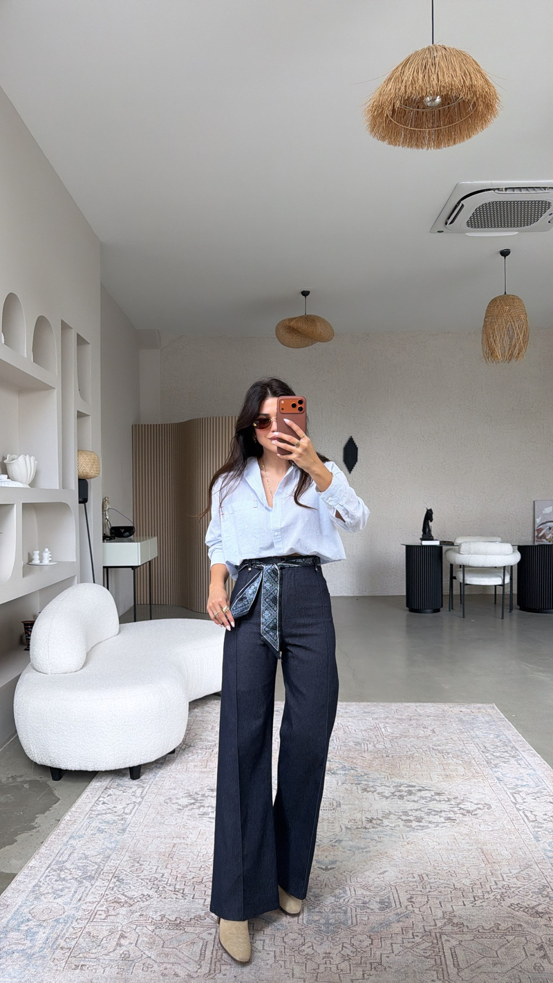 Lacivert Fular Kuşaklı Denim Dikişli Pantolon