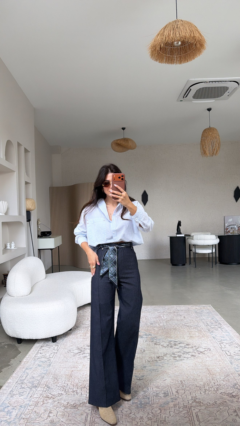 Lacivert Fular Kuşaklı Denim Dikişli Pantolon