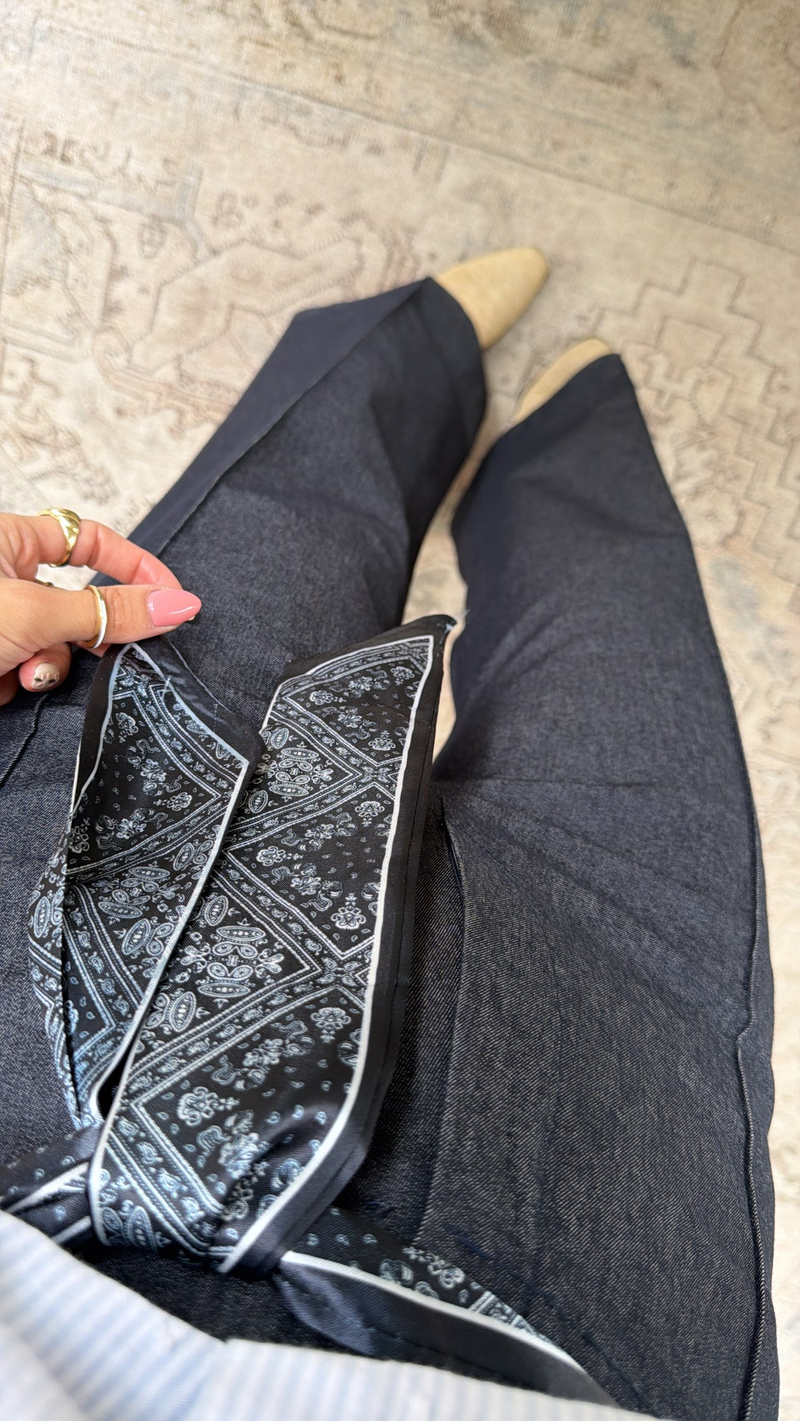 Lacivert Fular Kuşaklı Denim Dikişli Pantolon