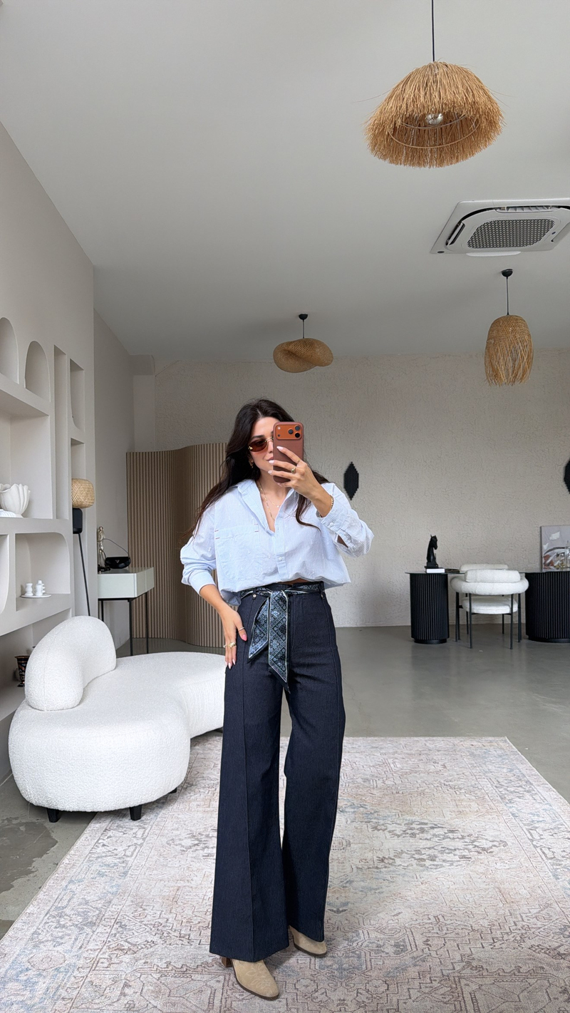 Lacivert Fular Kuşaklı Denim Dikişli Pantolon