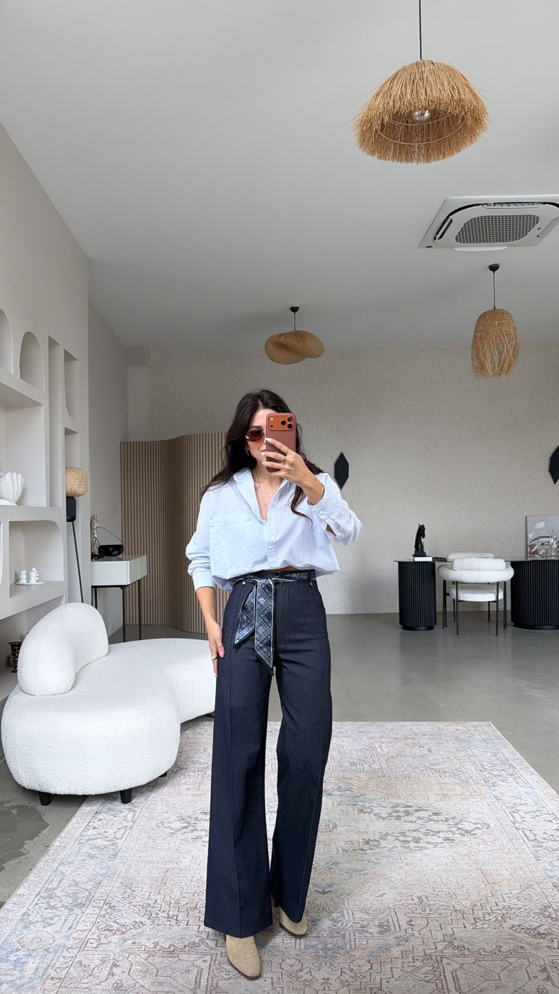 Lacivert Fular Kuşaklı Denim Dikişli Pantolon
