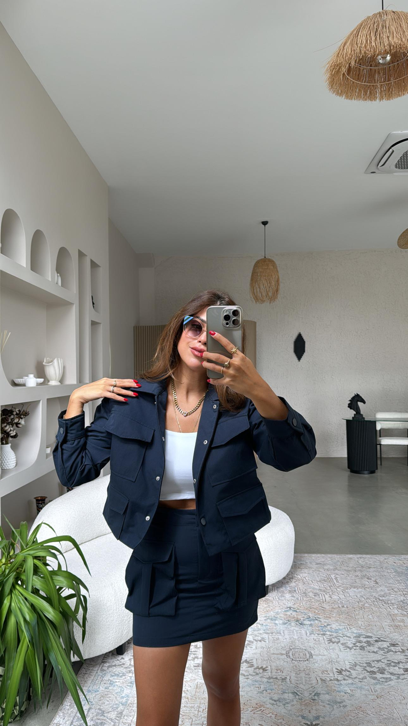 Lacivert Gabardin Safari Cepli Etek Ceket Takım