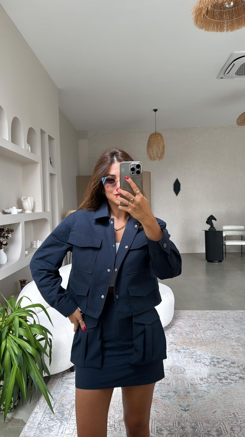 Lacivert Gabardin Safari Cepli Etek Ceket Takım