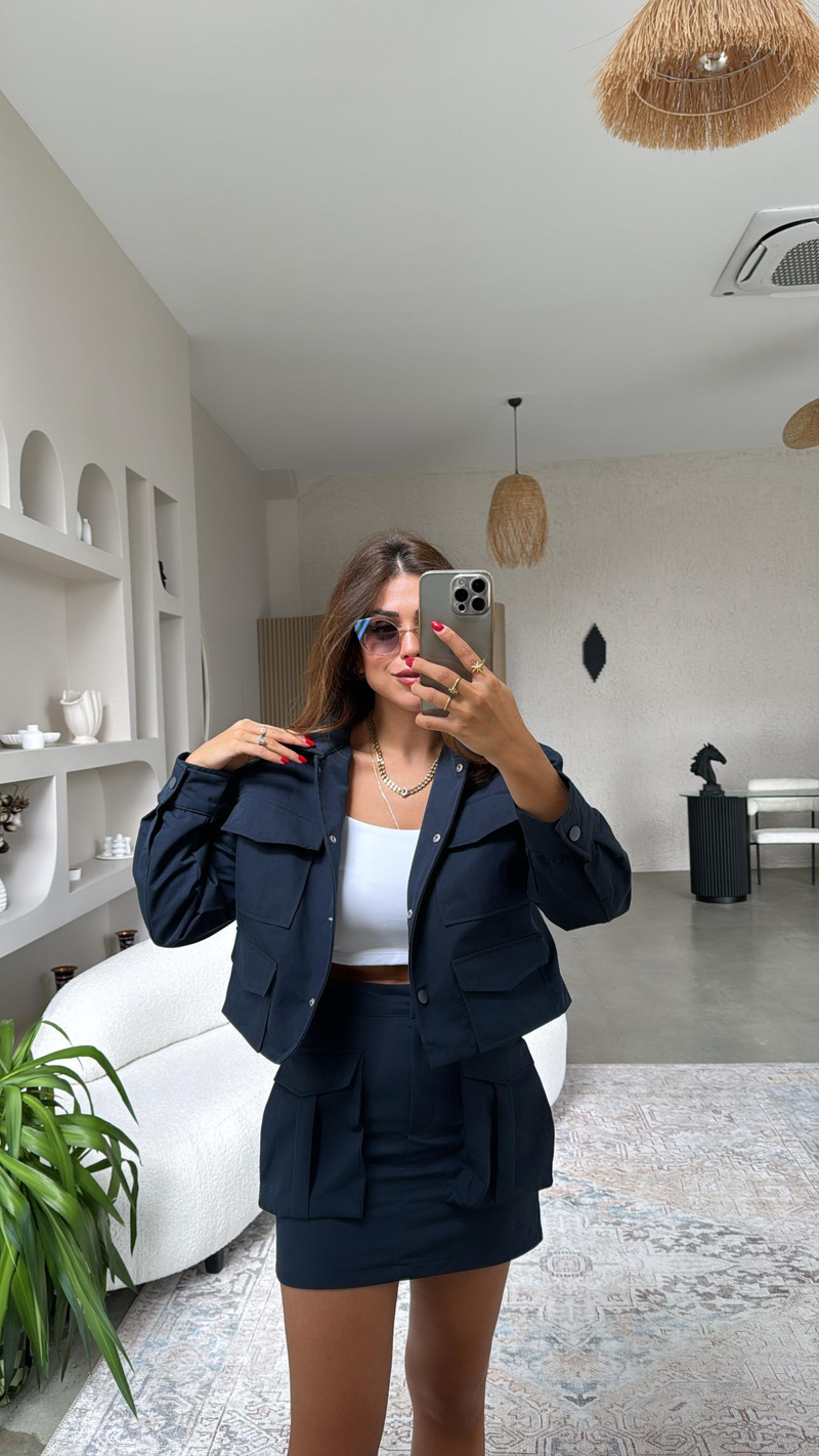 Lacivert Gabardin Safari Cepli Etek Ceket Takım