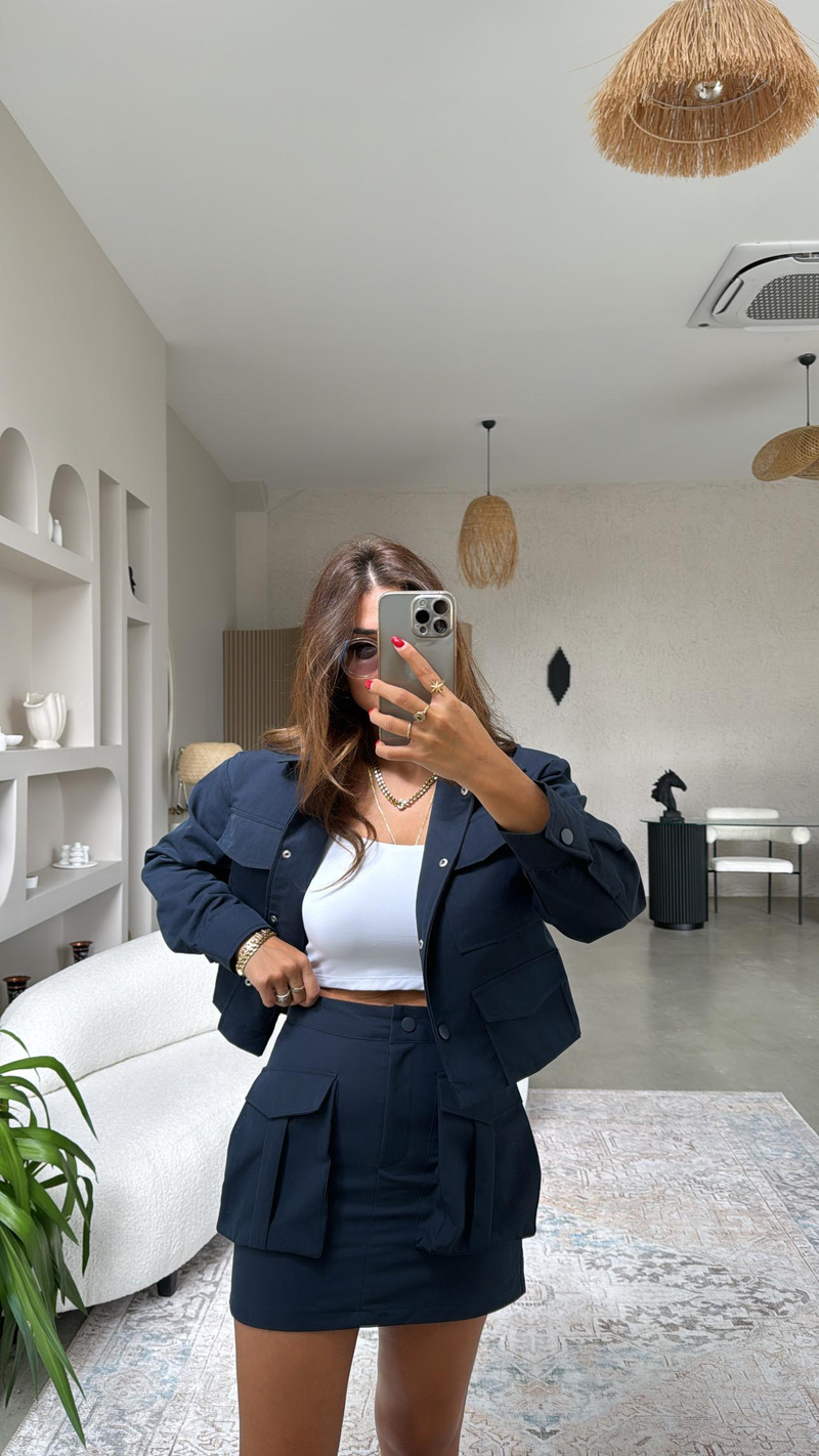 Lacivert Gabardin Safari Cepli Etek Ceket Takım