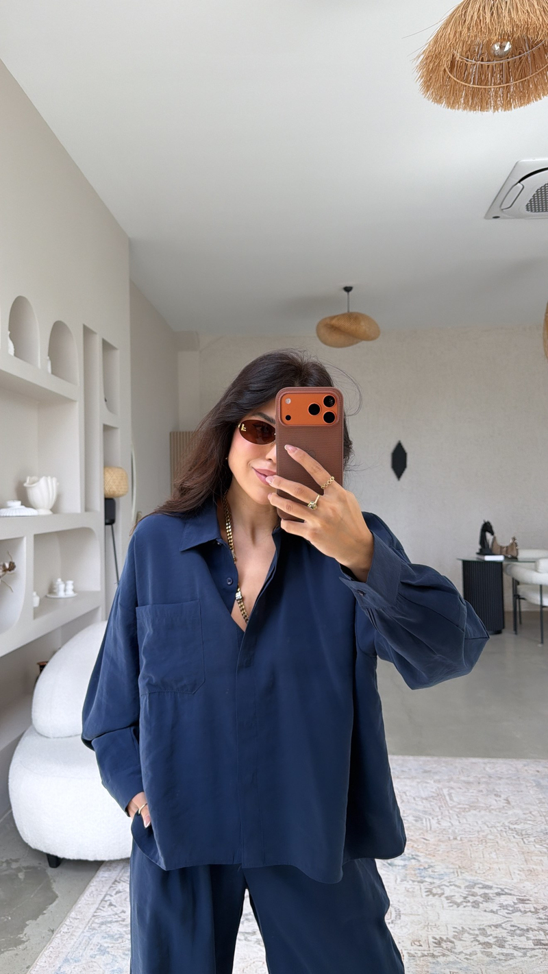 Lacivert Gizli Düğmeli Gömlek Pantolon Takım