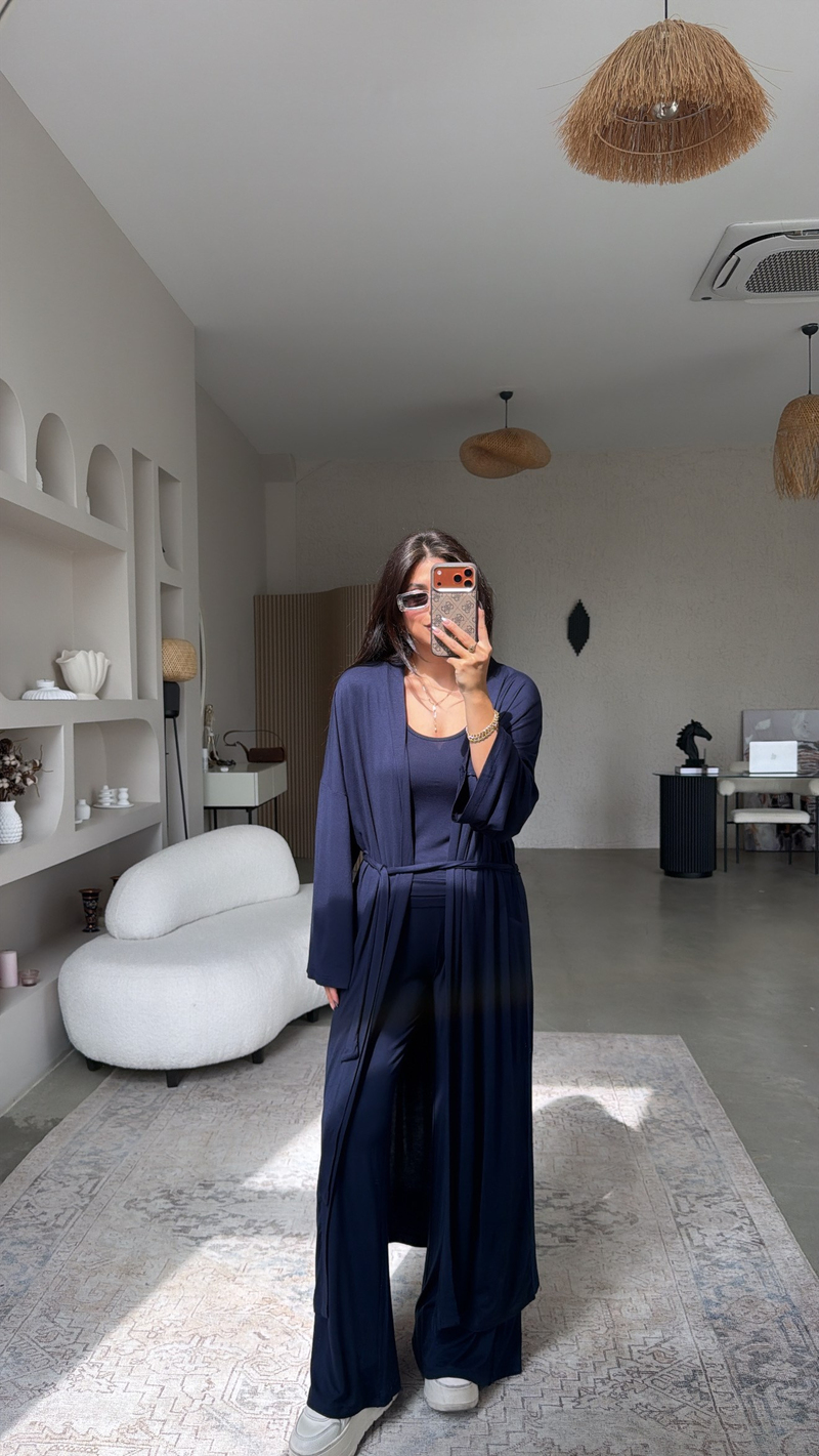 Lacivert İnce Modal Üçlü Kimono Atlet Pantolon Takım