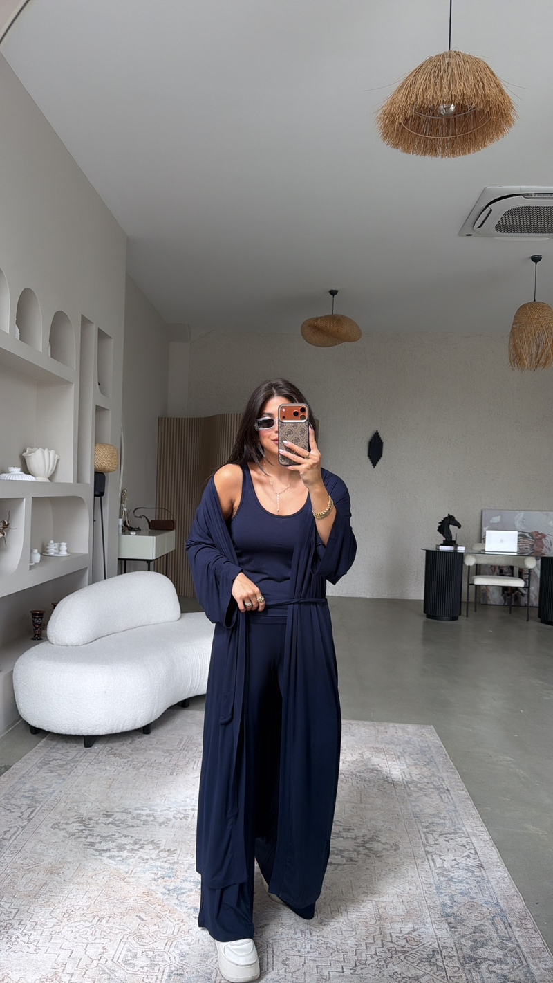 Lacivert İnce Modal Üçlü Kimono Atlet Pantolon Takım