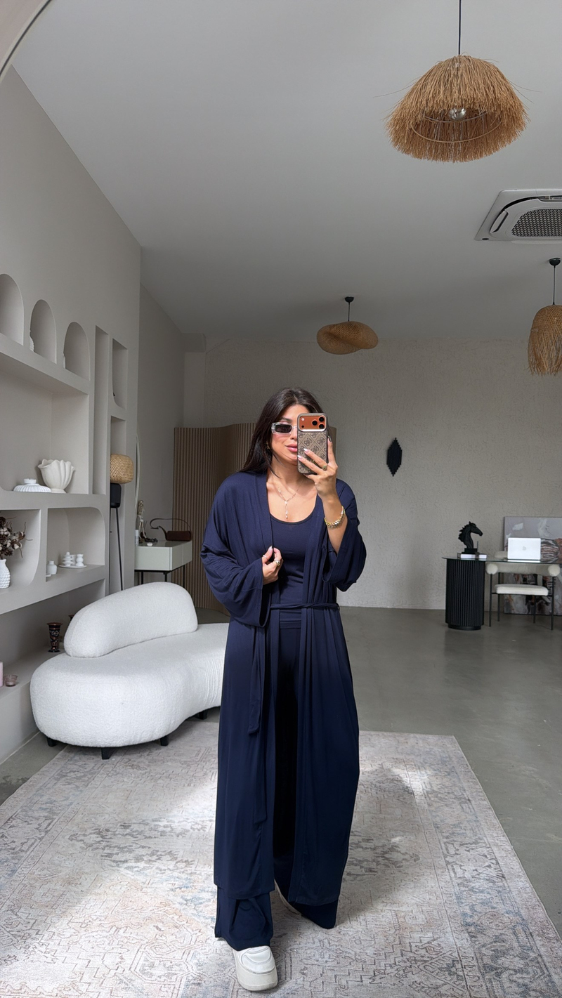 Lacivert İnce Modal Üçlü Kimono Atlet Pantolon Takım