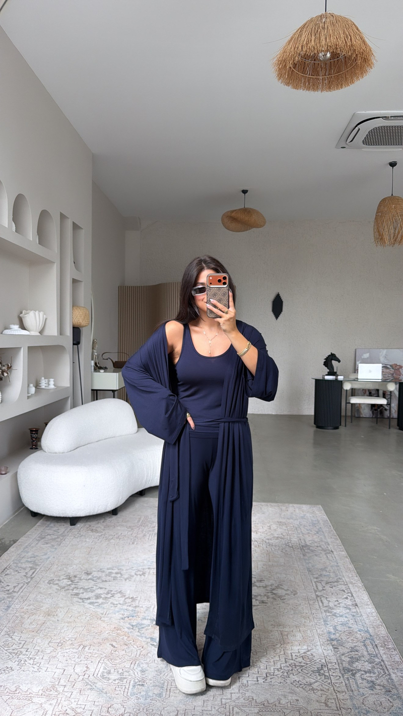Lacivert İnce Modal Üçlü Kimono Atlet Pantolon Takım
