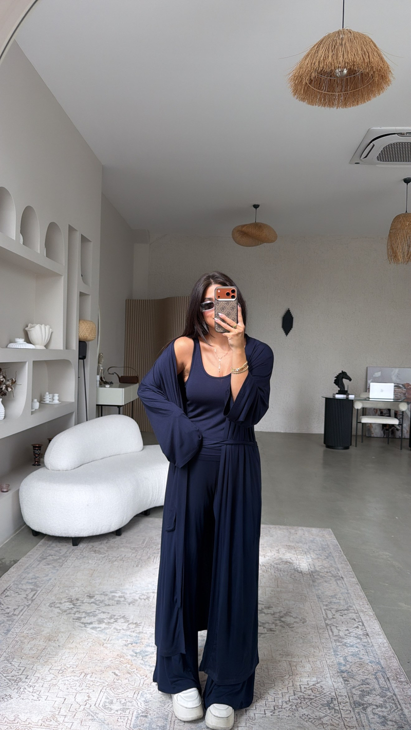 Lacivert İnce Modal Üçlü Kimono Atlet Pantolon Takım