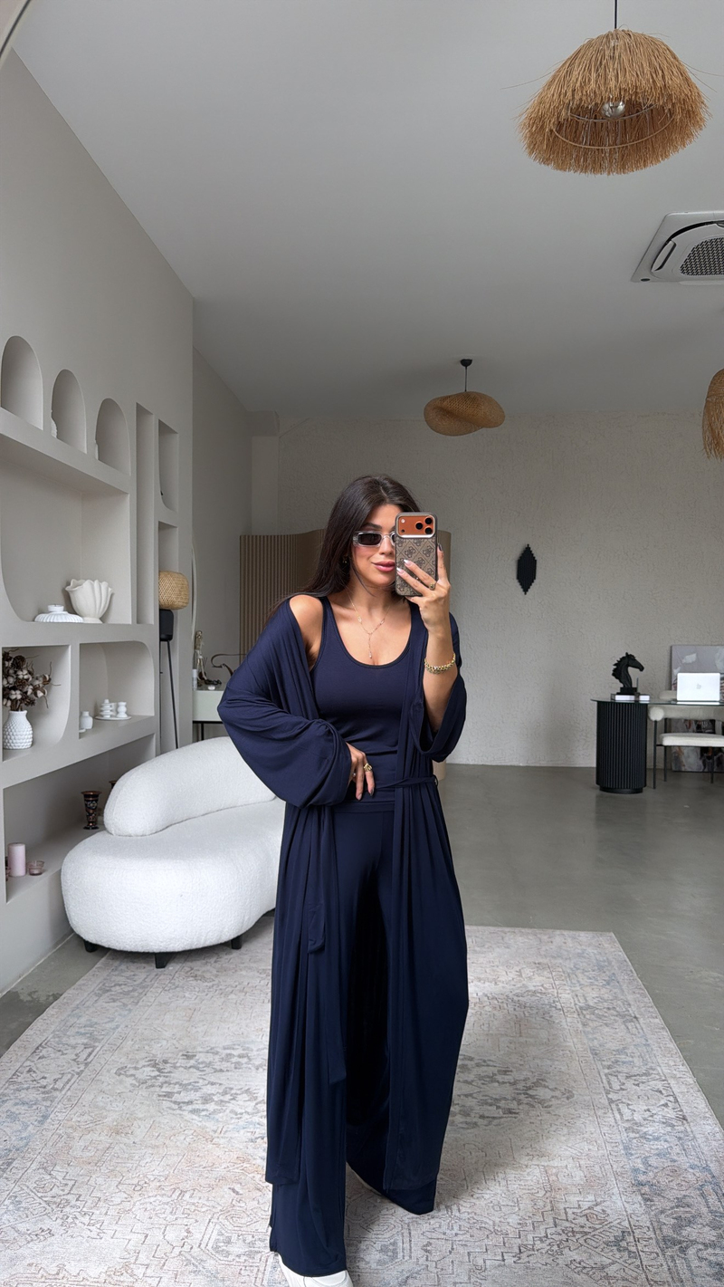 Lacivert İnce Modal Üçlü Kimono Atlet Pantolon Takım