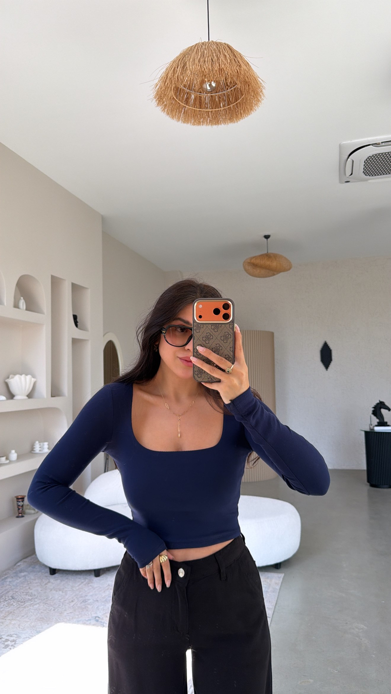 Lacivert Kare Yaka Crop Pamuklu Uzun Kollu Basic
