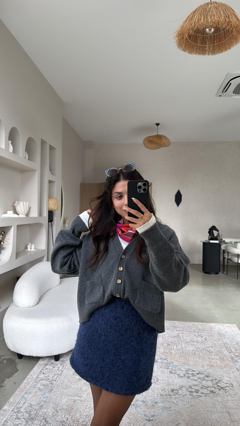 Lacivert Kaşe Astarlı Mini Etek