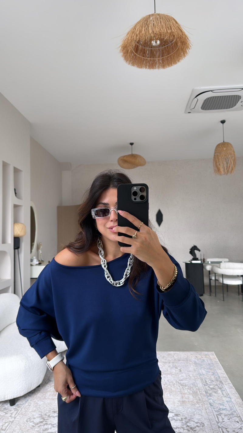 Lacivert Kayık Yaka Modal Sweat Bluz