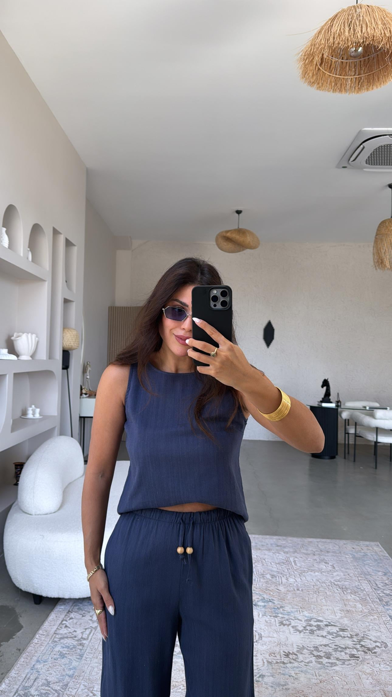 Lacivert Keten Boncuk Detaylı Pantolon Bluz Takım
