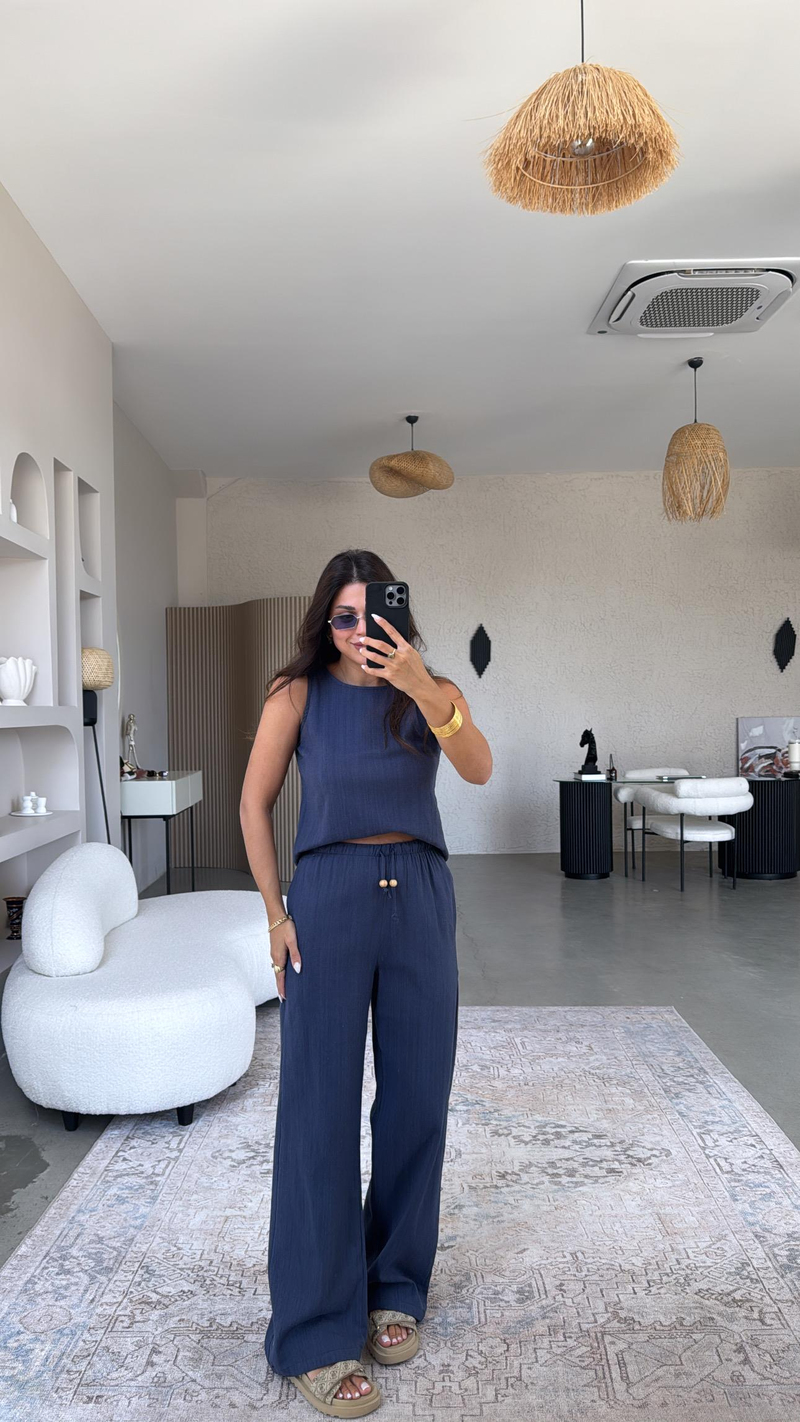 Lacivert Keten Boncuk Detaylı Pantolon Bluz Takım