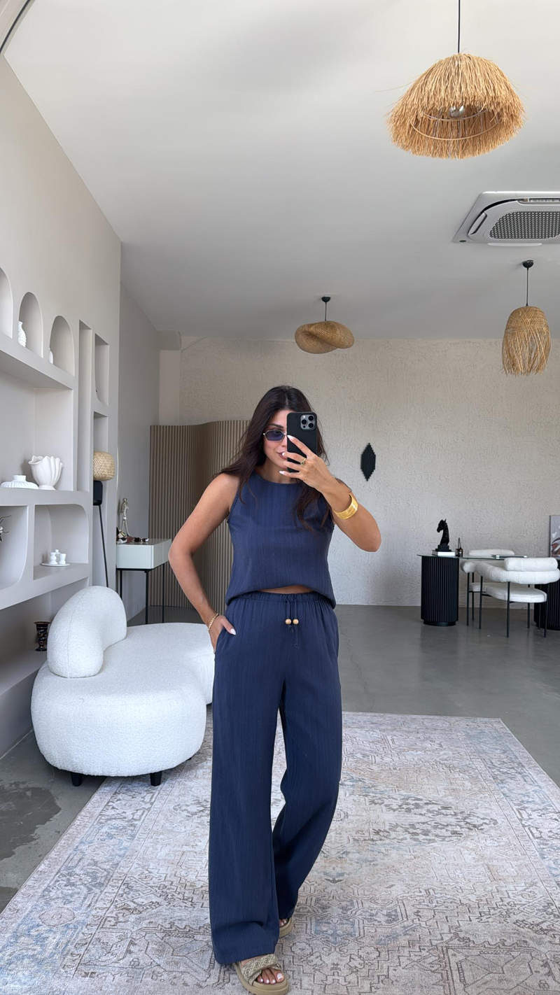 Lacivert Keten Boncuk Detaylı Pantolon Bluz Takım