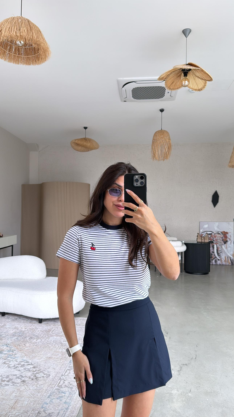 Lacivert Kiraz Nakışlı Çizgili Tshirt