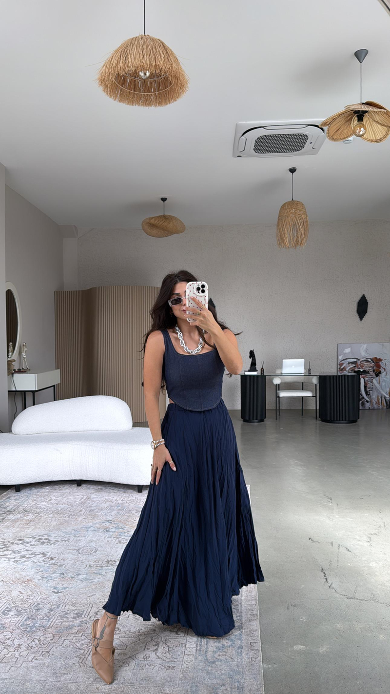 Lacivert Kırışık Dokuma Modal Etek