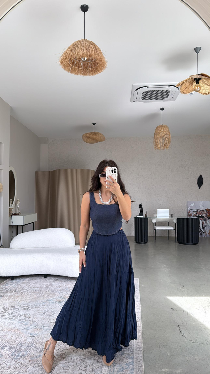 Lacivert Kırışık Dokuma Modal Etek