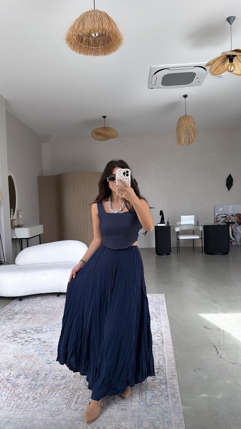 Lacivert Kırışık Dokuma Modal Etek