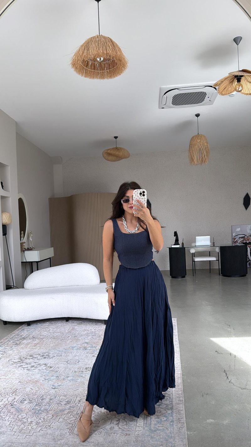 Lacivert Kırışık Dokuma Modal Etek