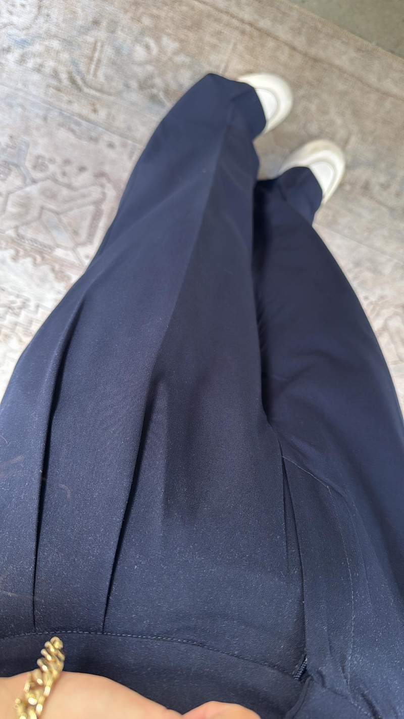 Lacivert Klasik Gizli Kopça Bol Paça Kumaş Pantolon