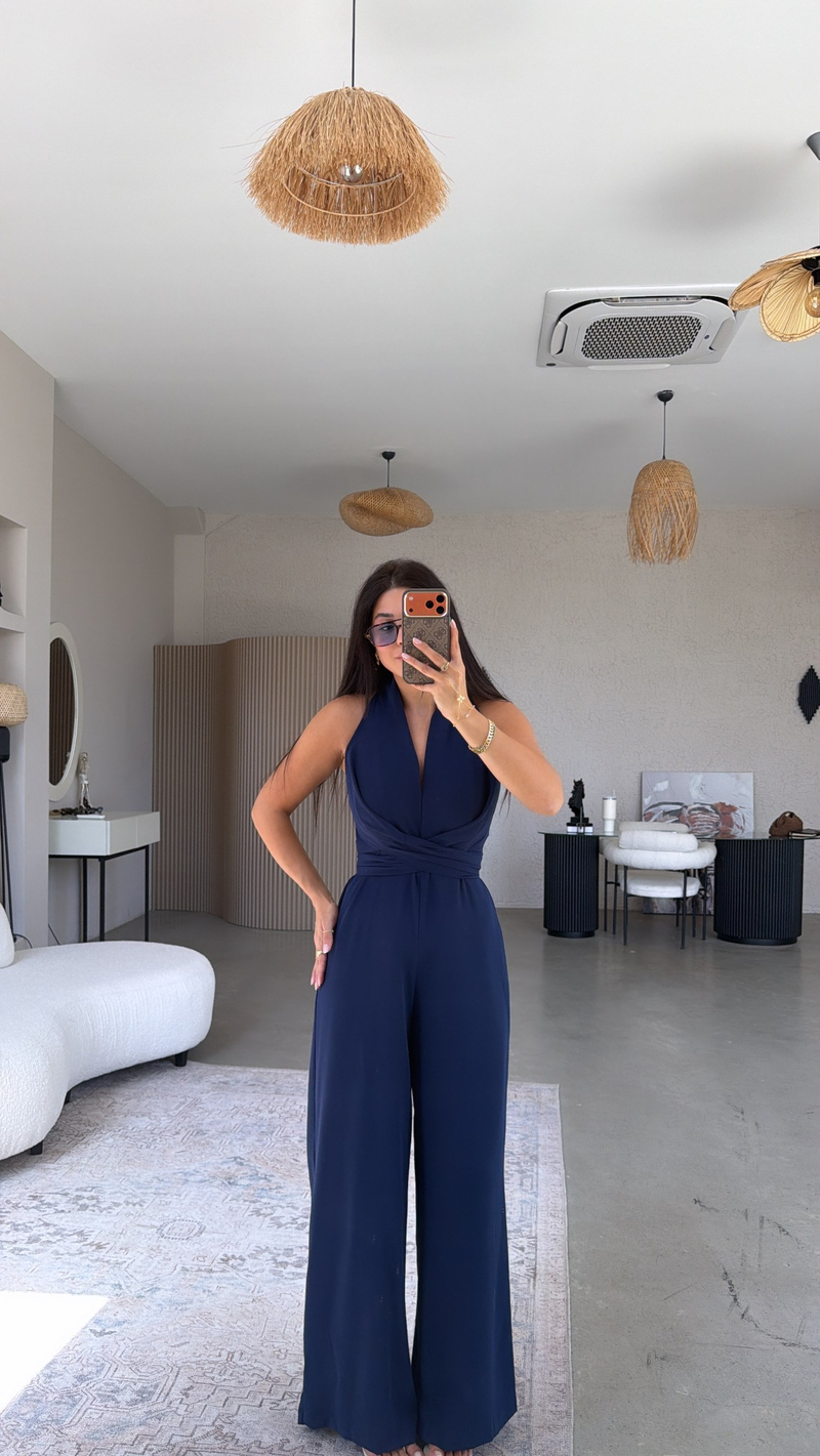 Lacivert Krep Kumaş Bağlamalı Premium Tulum