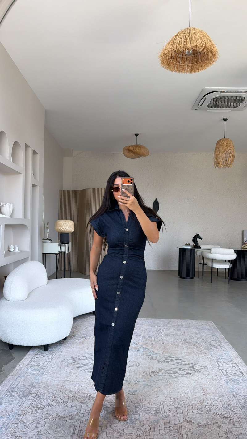 Lacivert Likralı Premium Jean Elbise