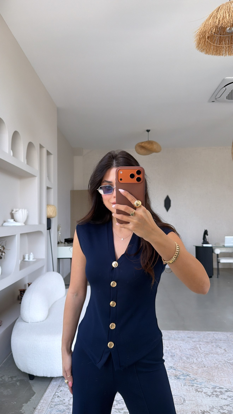 Lacivert Modal Gold Düğmeli Yelekli Takım