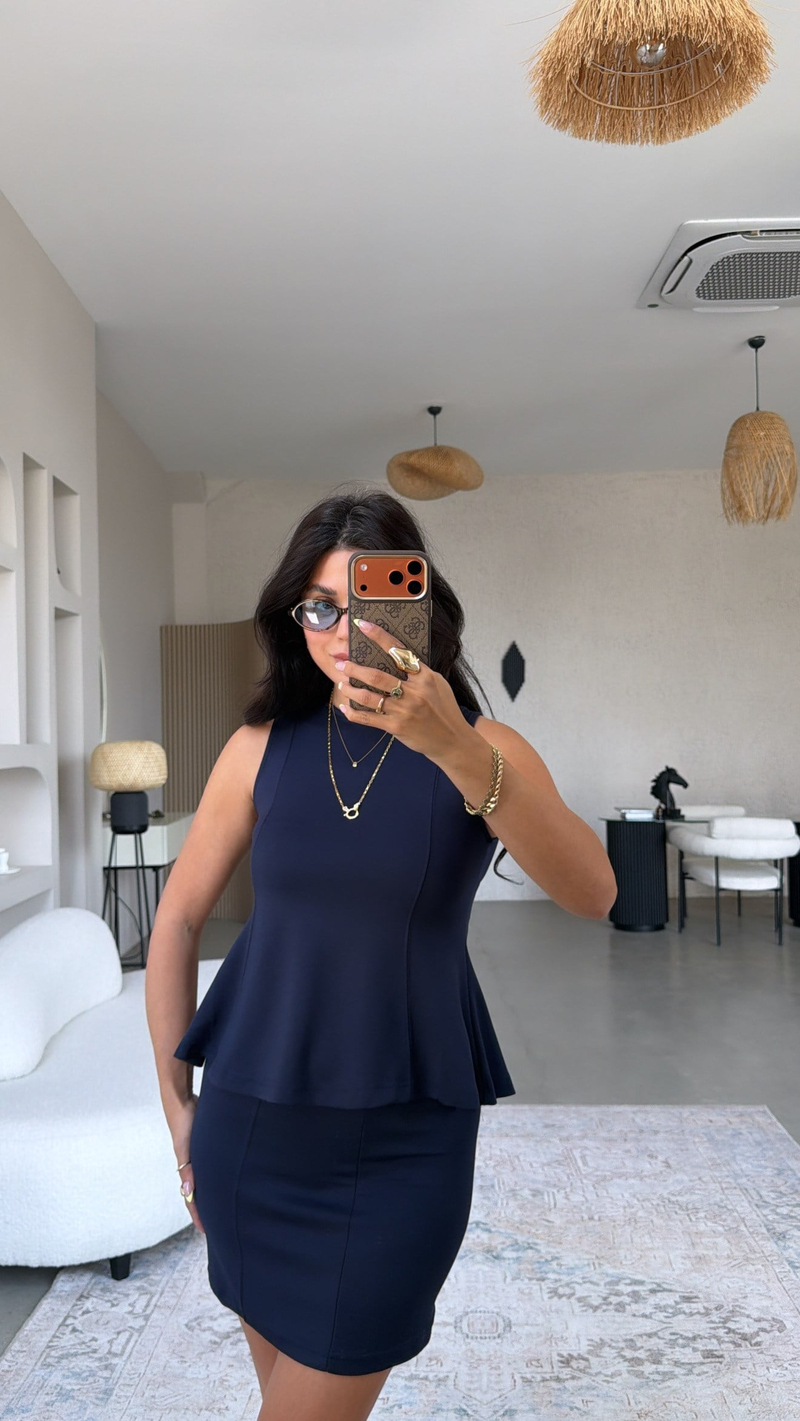 Lacivert Modal Volanlı Bluz Mini Etek Takım