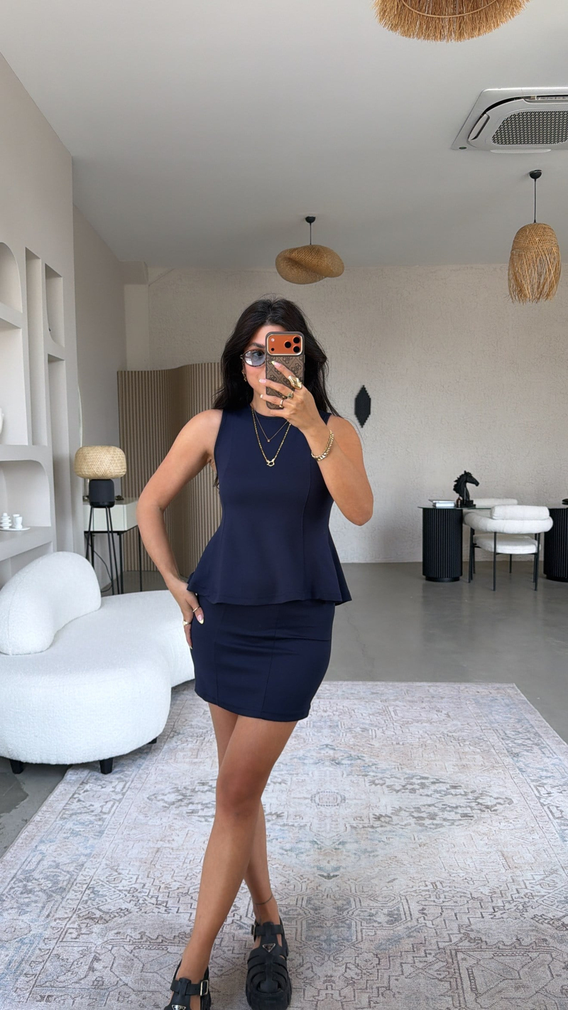 Lacivert Modal Volanlı Bluz Mini Etek Takım