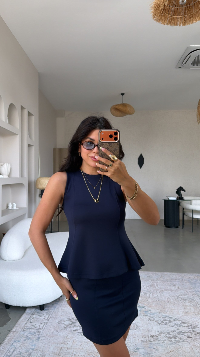 Lacivert Modal Volanlı Bluz Mini Etek Takım