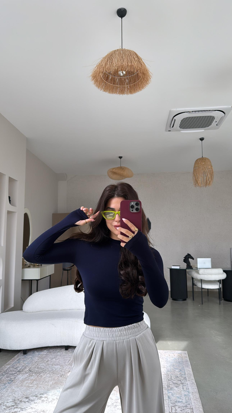 Lacivert Oys Parmak Geçme Uzun Kollu Body